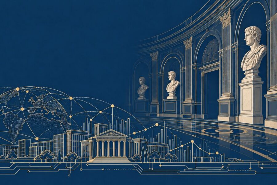 Illustrazione editoriale del panel Intelligenza artificiale ed economia: Protomoteca stilizzata, reti di dati e imprese