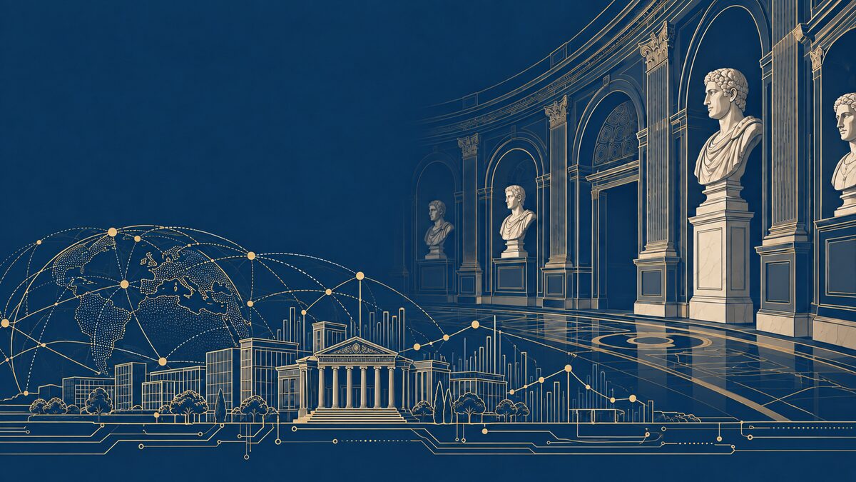 Illustrazione editoriale del panel Intelligenza artificiale ed economia: Protomoteca stilizzata, reti di dati e imprese