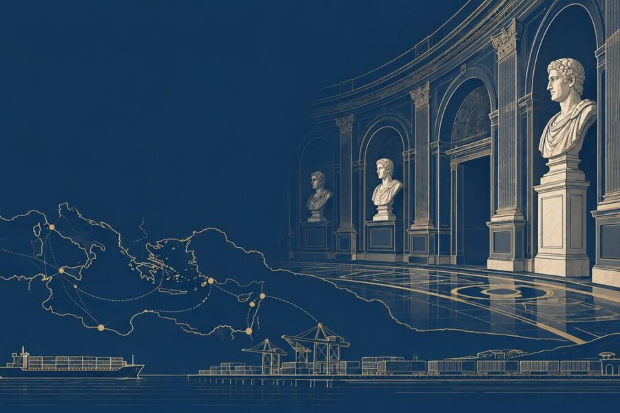 Illustrazione editoriale del panel Trasporti: Protomoteca stilizzata e collegamenti logistici nel Mediterraneo