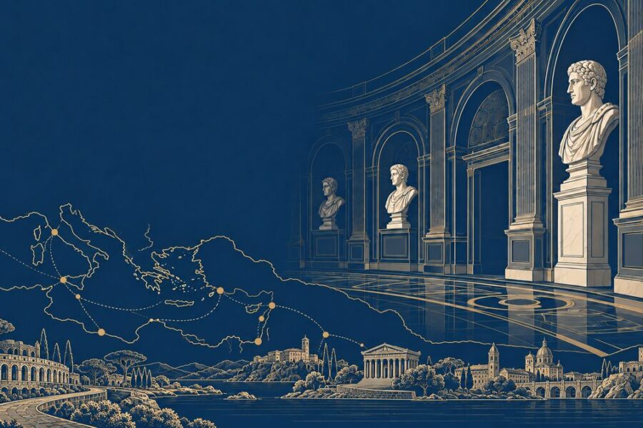 Illustrazione editoriale del panel Turismo e cultura: Protomoteca stilizzata e itinerari culturali mediterranei