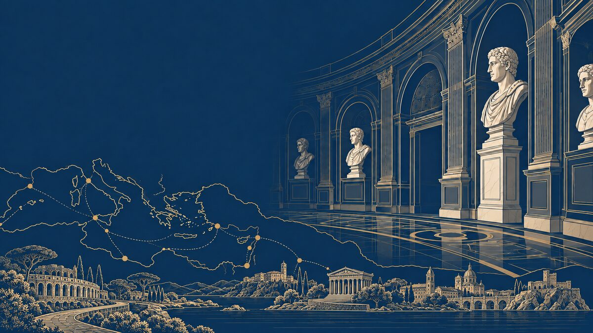 Illustrazione editoriale del panel Turismo e cultura: Protomoteca stilizzata e itinerari culturali mediterranei